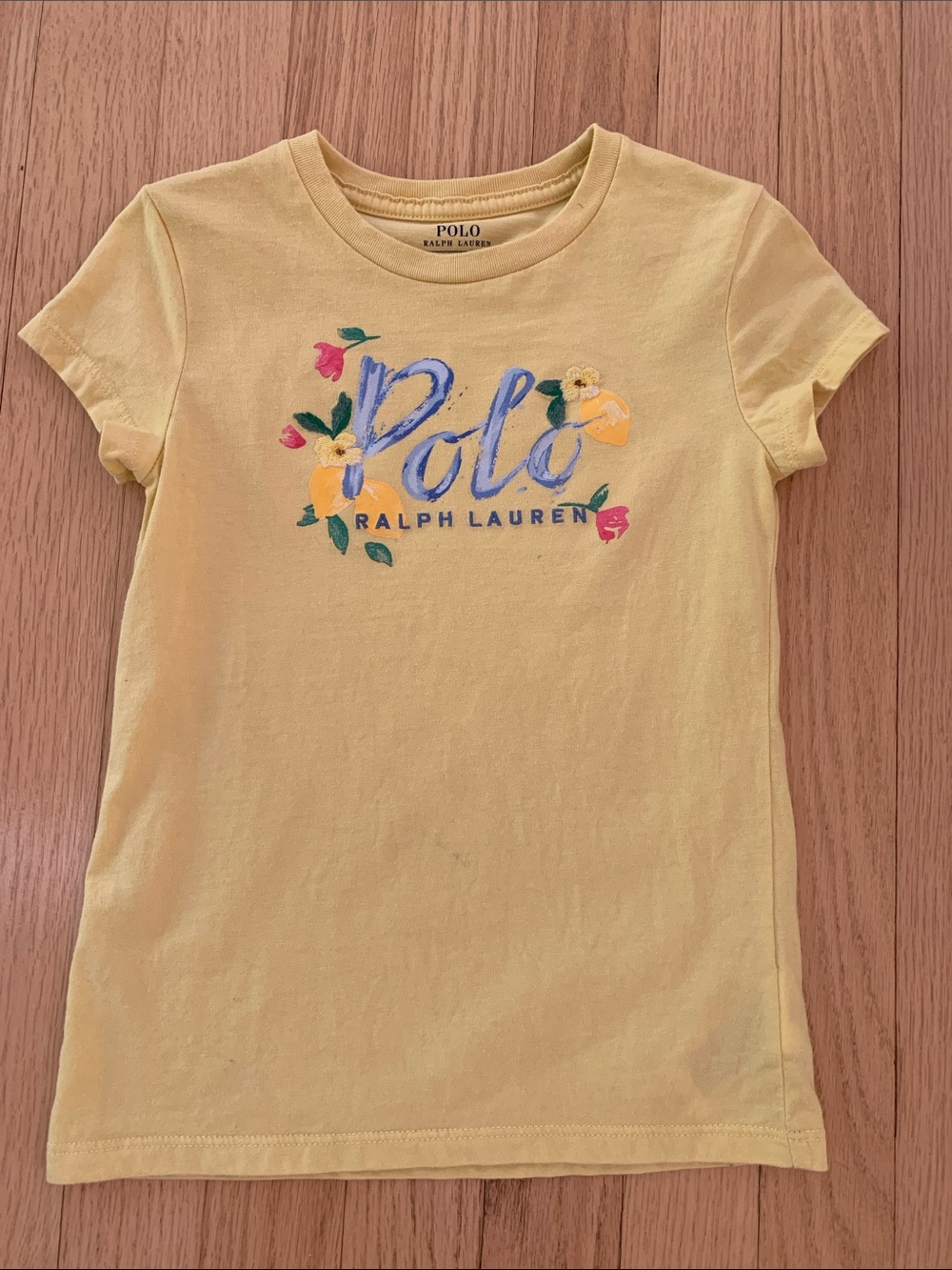 Polo Ralph Lauren Girls Kids Short Sleeve Floral Logo Tee Shirt Yellow Size 5